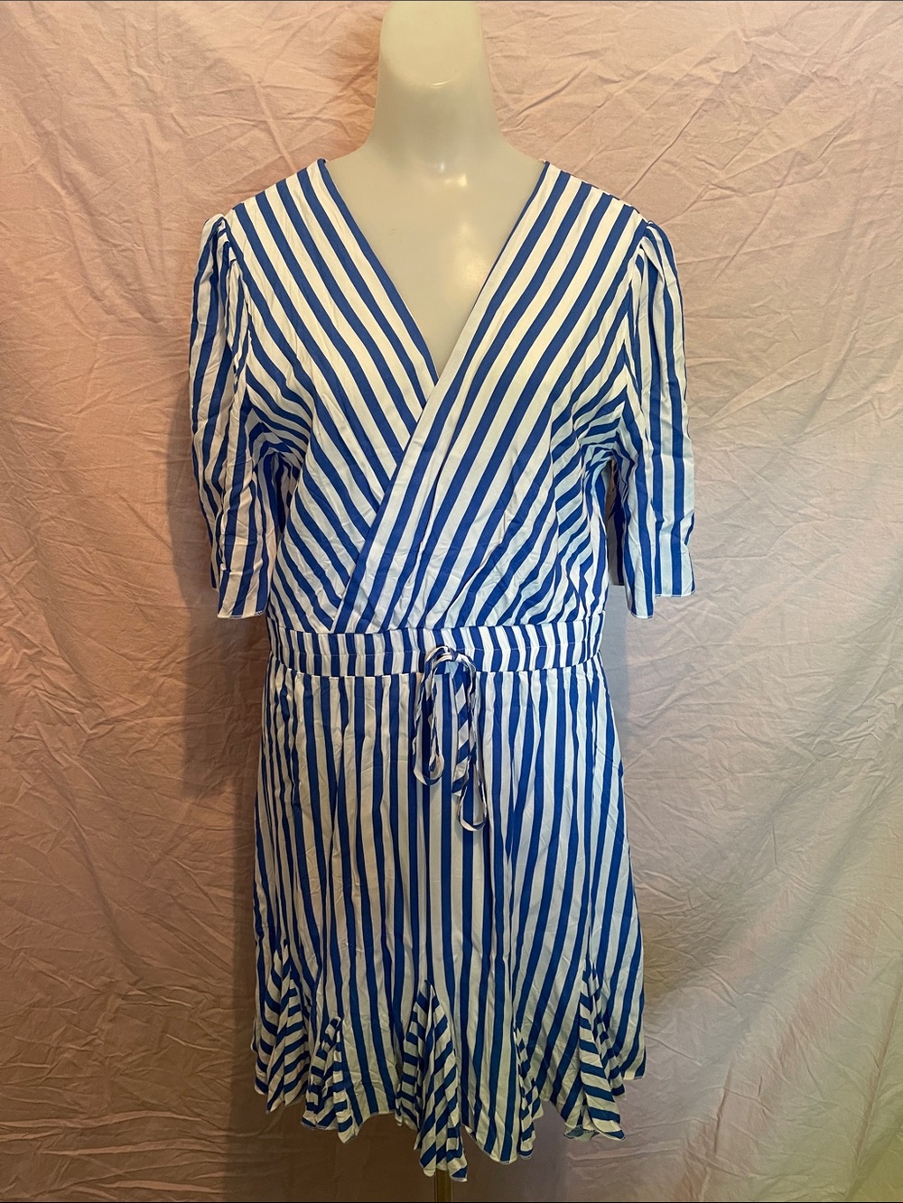 Blue & White Striped Wrap Dress with Tie Waist